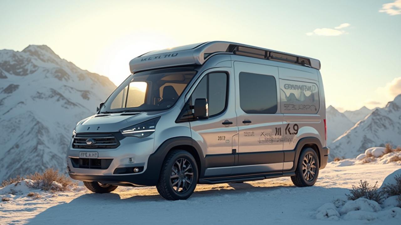 Maßgeschneiderter Campingbus in schneebedeckter Berglandschaft
