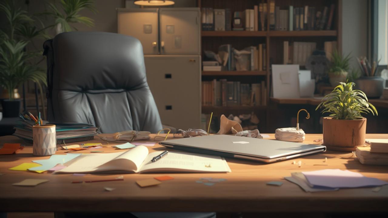 Tisch mit Laptop, Büchern, Stiften und Pflanzen in einem Büro