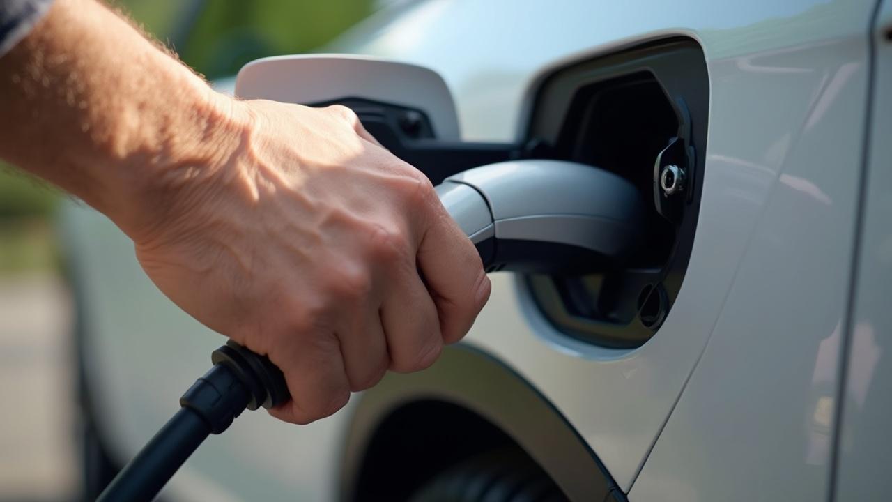 Eine Hand steckt einen Ladestecker in die Ladeöffnung eines Elektroautos.