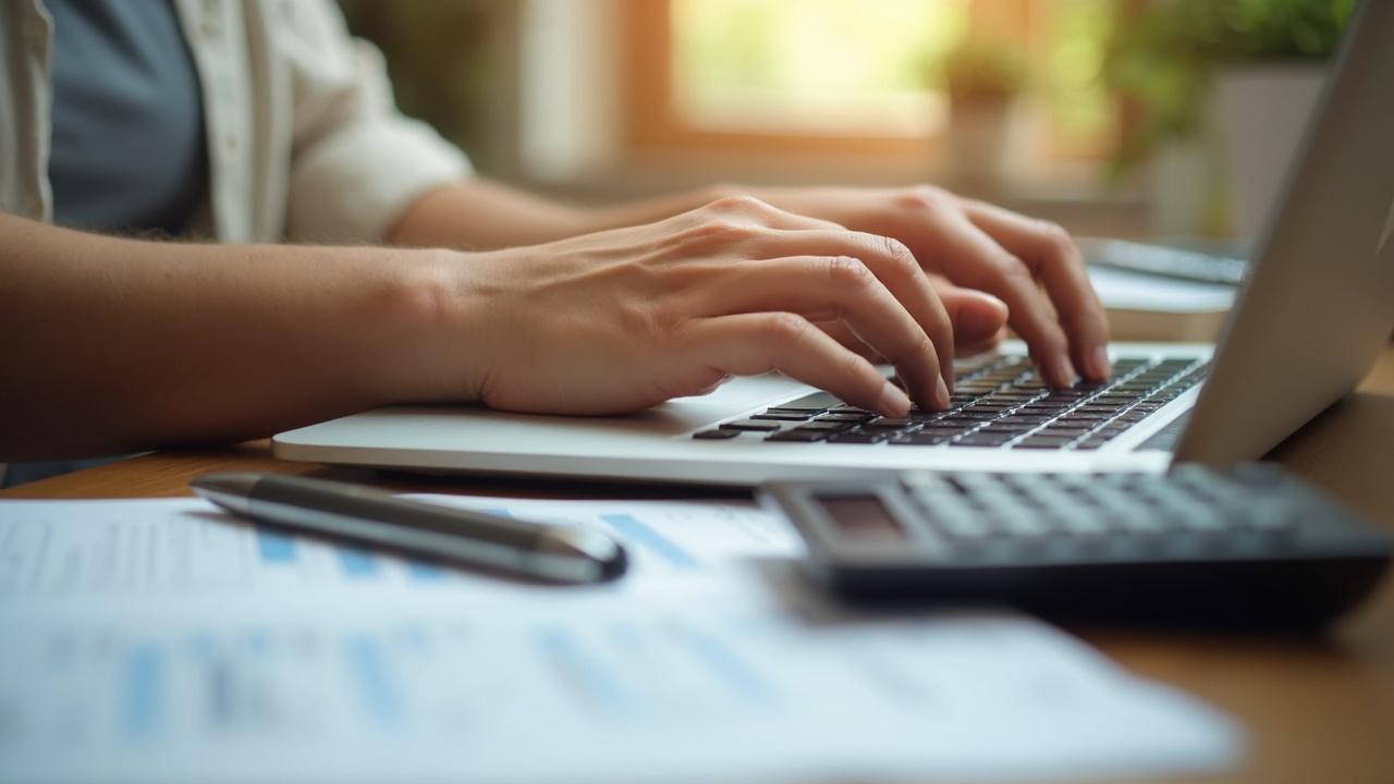 Nahaufnahme von Händen, die auf einer Computertastatur tippen, umgeben von Unterlagen