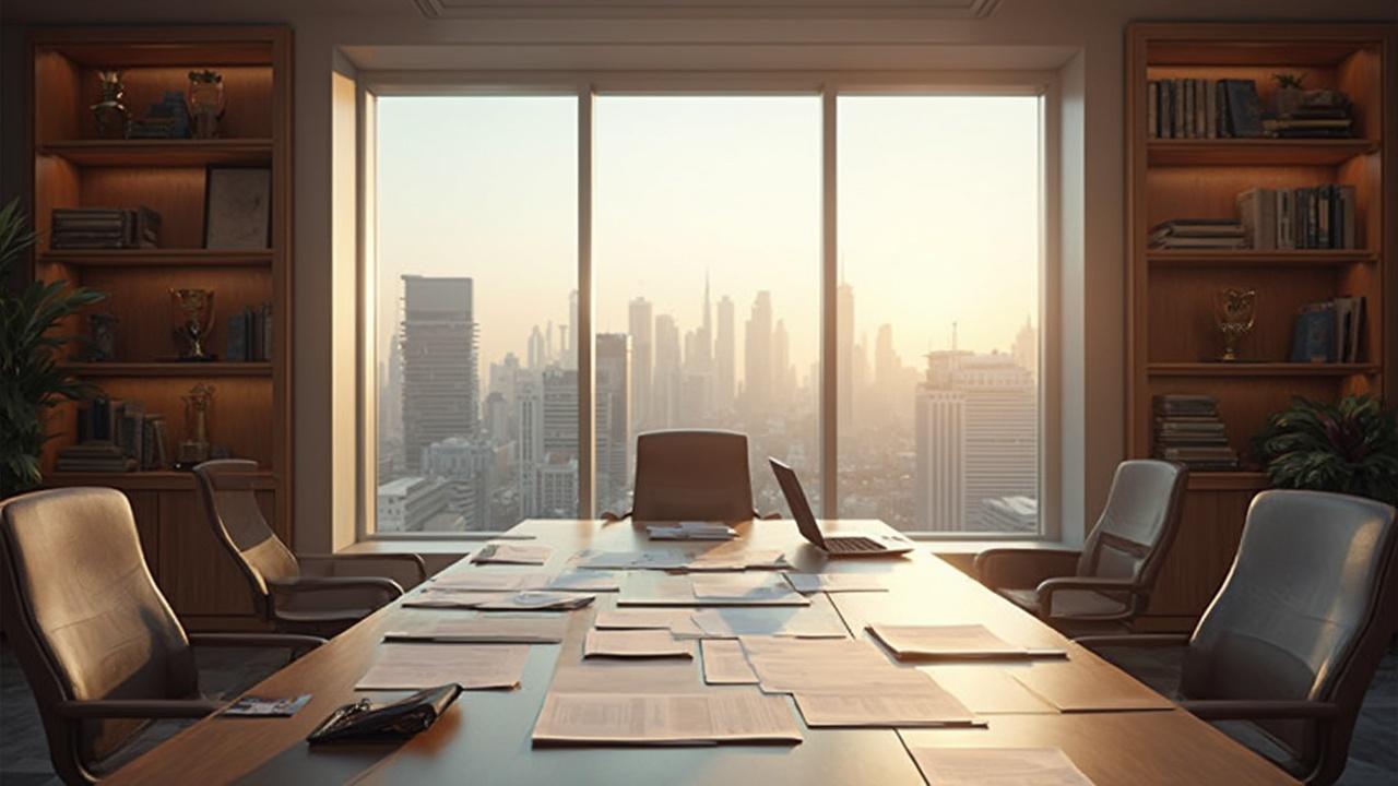 Konferenzraum mit großen Fenstern und Blick auf Stadtsilhouette
