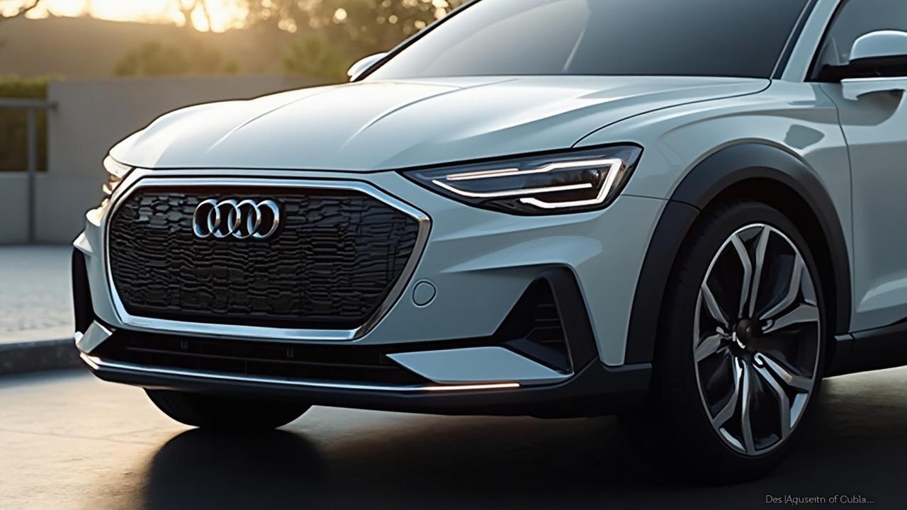 Nahaufnahme eines modernen, hellen Audi SUV-Modells mit charakteristischem Grill und Scheinwerfern.