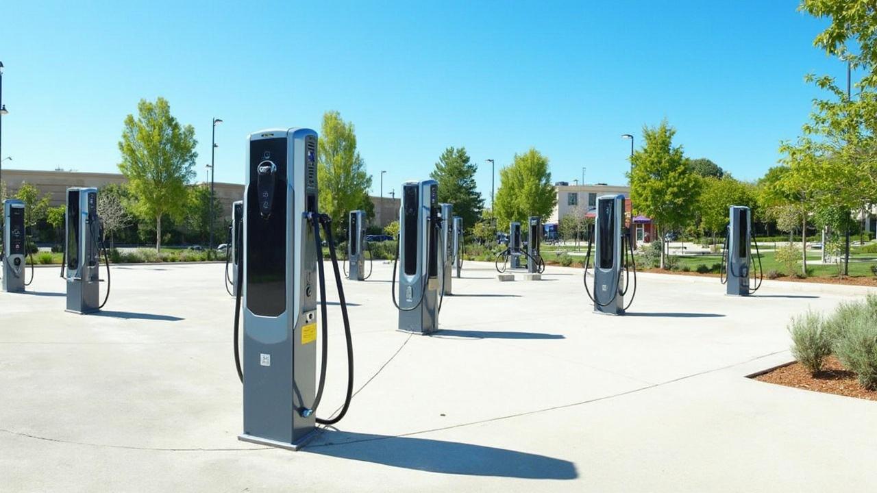 Eine Reihe von elektrischen Ladestationen für Autos auf einem öffentlichen Platz