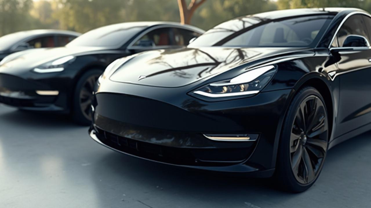 Mehrere glänzende schwarze Tesla-Elektroautos stehen in der Sonne.