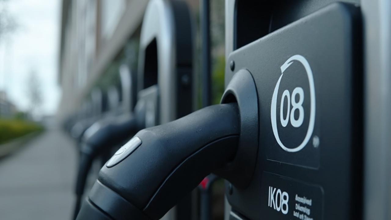 Nahaufnahme eines modernen Elektroauto-Ladegeräts mit dem Logo 08