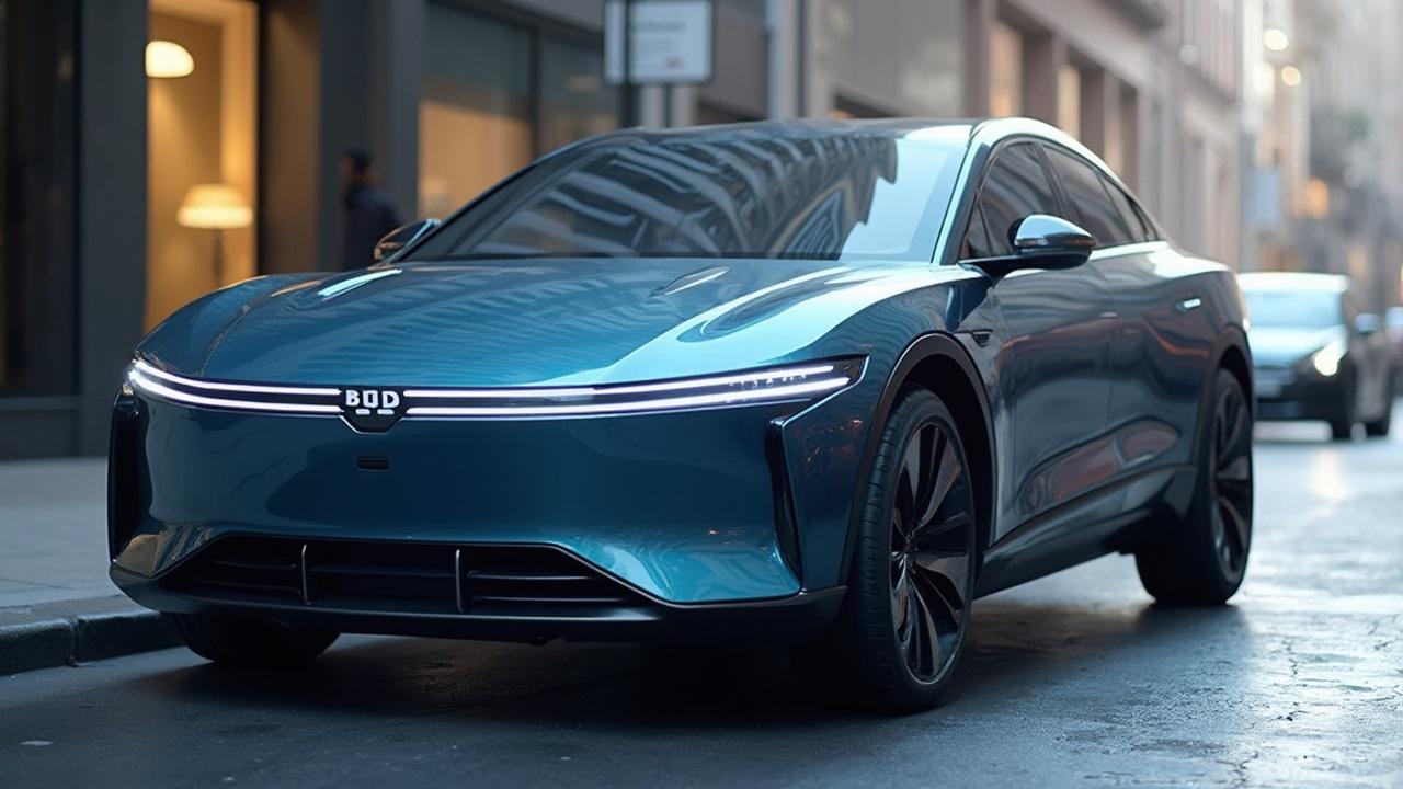 Modernes, leistungsstarkes Elektroauto auf städtischer Straße geparkt.