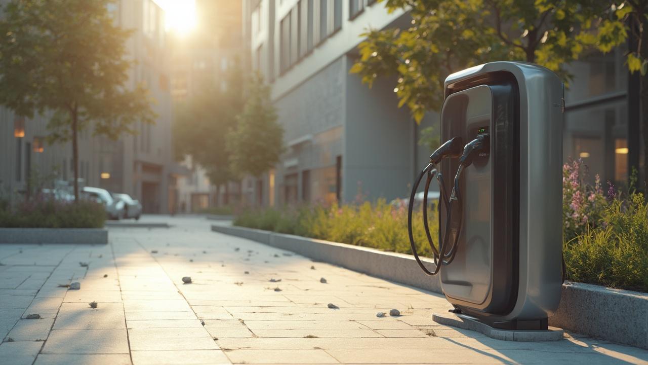 Elektroauto-Ladestation auf Gehweg in der Stadt, Bäume im Hintergrund