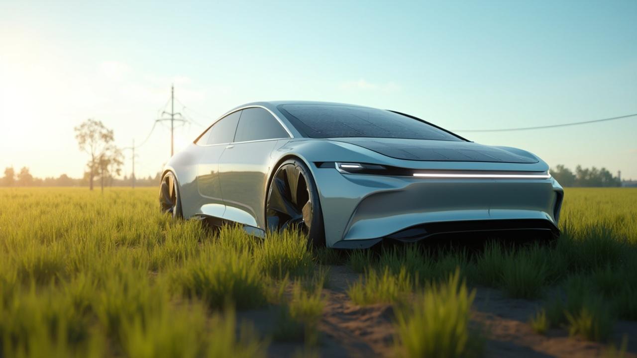 Hochmodernes, elektrifiziertes Fahrzeug steht auf Feldweg vor Landschaft