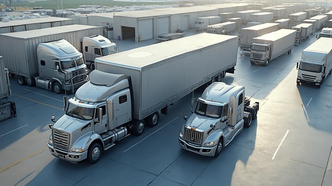 Luftaufnahme eines großen Logistikzentrums mit vielen Lastkraftwagen