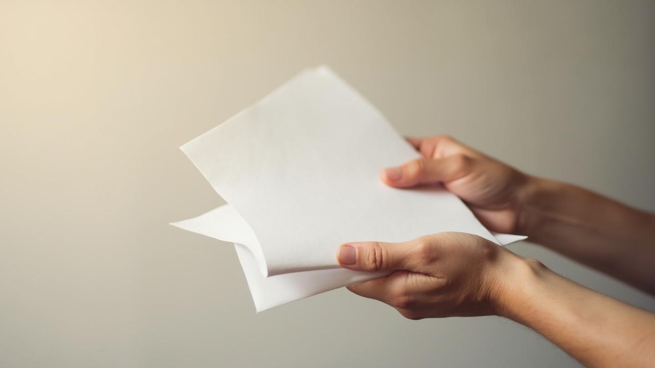 Hände halten ein weißes Blatt Papier vor neutralem Hintergrund.