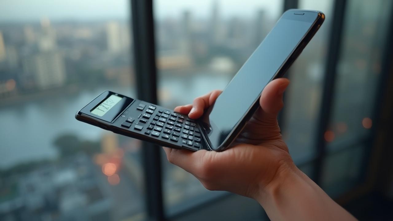 Nahaufnahme einer Hand, die ein Smartphone und einen Taschenrechner hält.