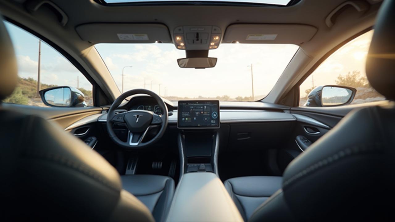 Interieur eines modernen Elektroautos mit Lenkrad, Instrumententafel und Touchscreen