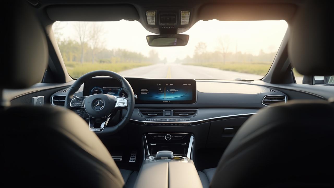 Interieur eines modernen Autos mit Lenkrad, Armaturenbrett und Windschutzscheibe