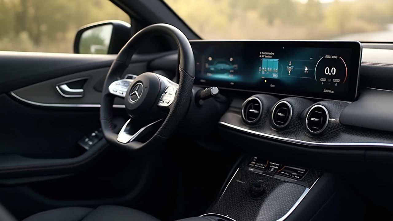 Armaturenbrett mit Bildschirm und Lenkrad in einem Luxusauto