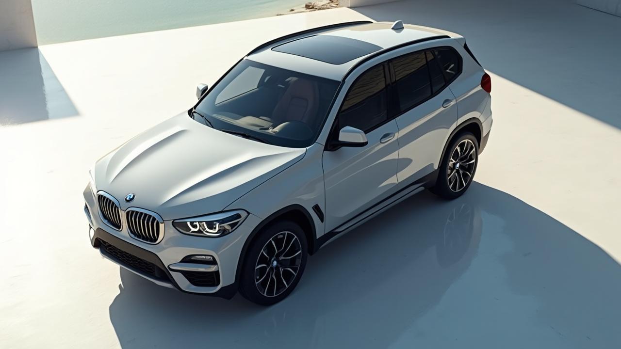 Ein silbergrauer BMW X3 Geländewagen in einer Ausstellungshalle