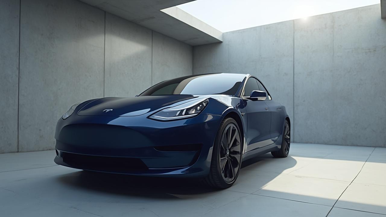 Dunkelblaue Tesla Modell 3 Elektroauto in einem minimalistischen Innenraum