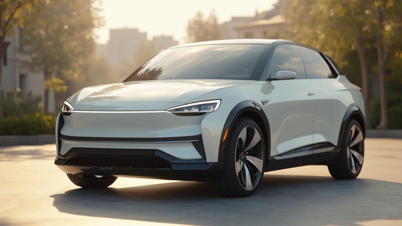 Futuristisches Elektroauto mit scharfen Linien und großen Rädern.