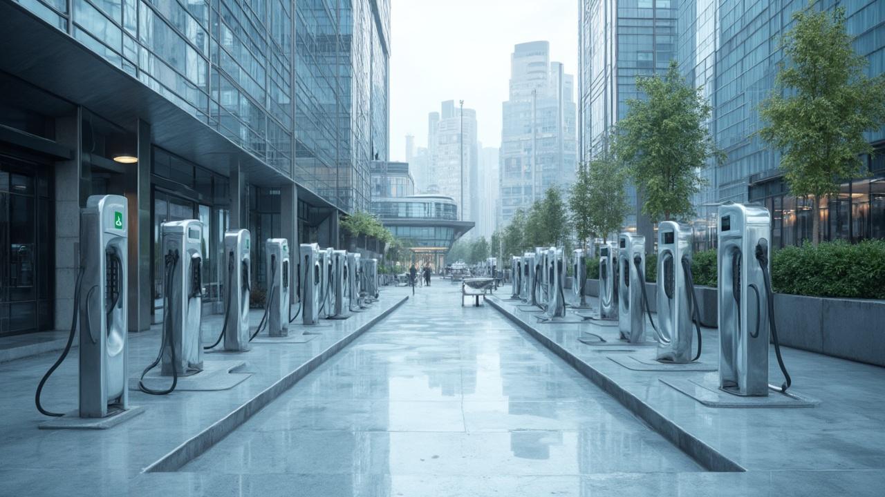 Viele Elektroautoladevorrichtungen in einer städtischen Umgebung