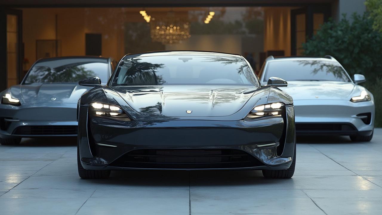 Drei glänzende, schwarze Elektroautos in einer Ausstellung