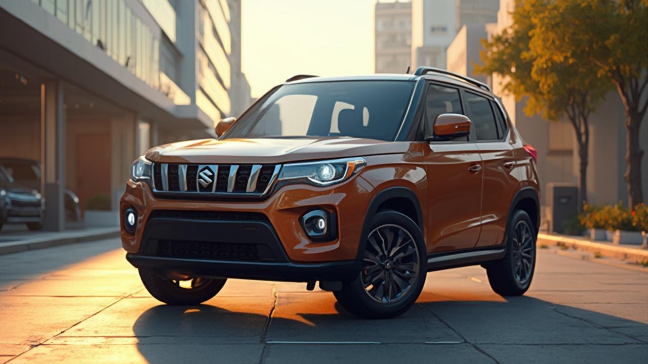 Nahaufnahme eines orangefarbenen Suzuki Ignis Kompakt-SUVs auf einer Stadtstraße