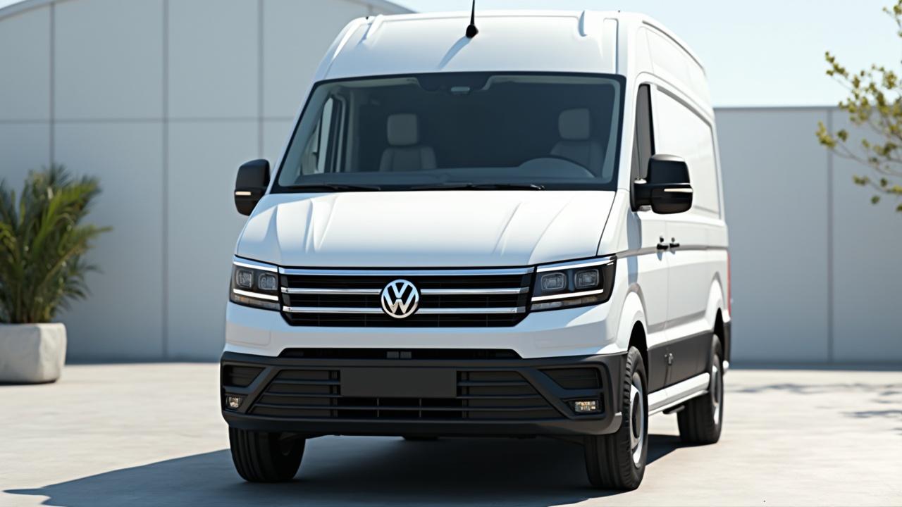 Ein weißer Volkswagen-Transporter steht auf einer Straße vor einem Gebäude.