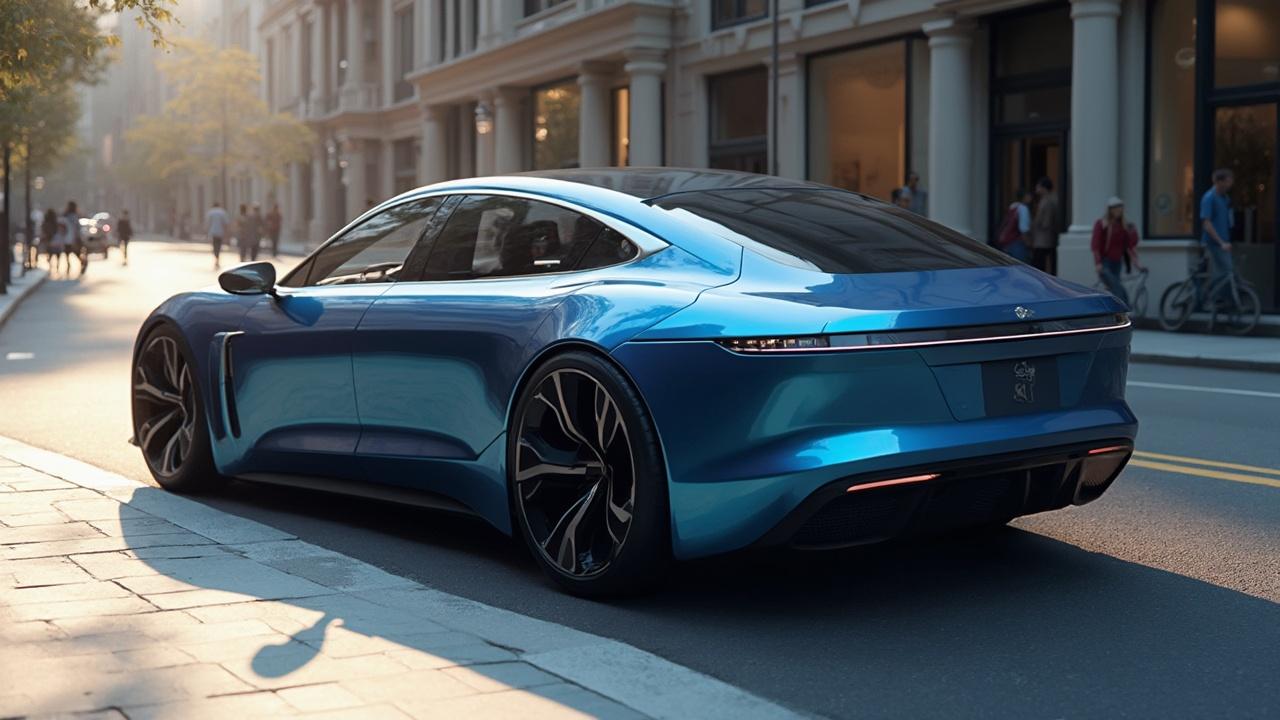 Ein blauer, futuristisch aussehnder Elektroauto-Prototyp auf einer Straße