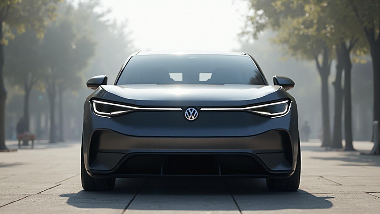 Frontalansicht eines dunklen, modernen Volkswagen-SUV-Fahrzeugs auf einer Straße