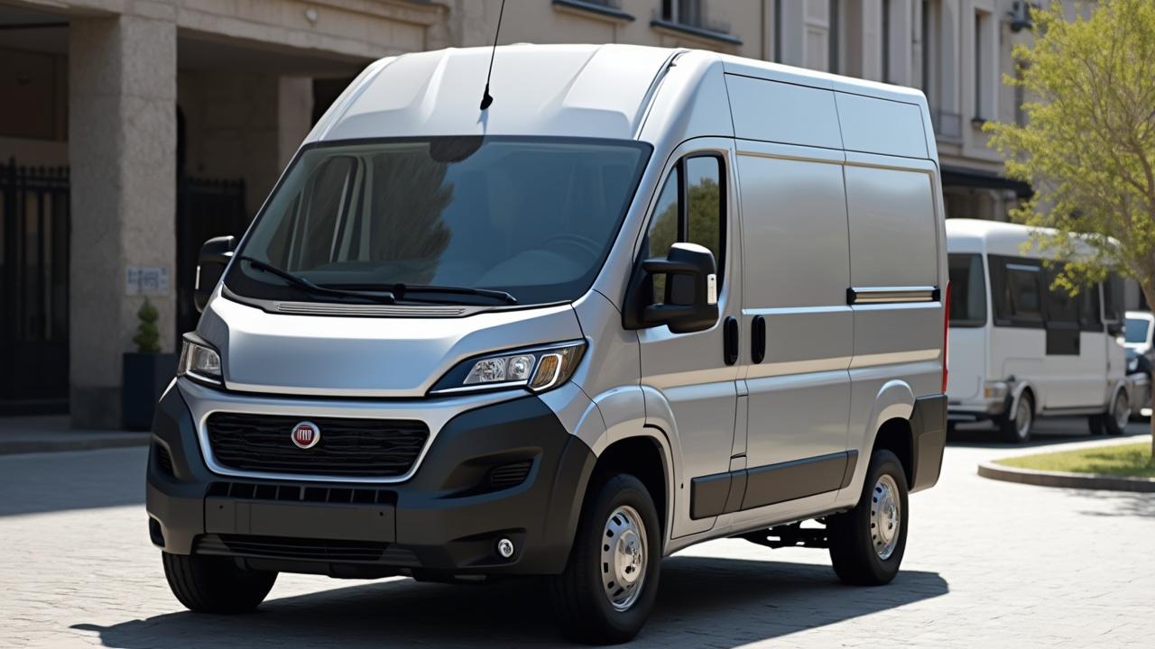 Ein silberfarbener Lieferwagen, der auf einer Stadtstraße steht.