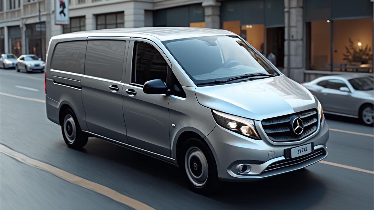 Silberfarbener Mercedes-Benz Transporter auf einer Stadtstraße