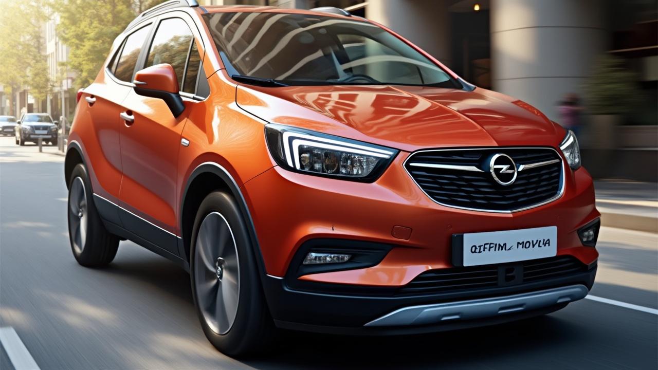Ein moderner, orangefarbener SUV-Crossover fährt auf einer städtischen Straße.
