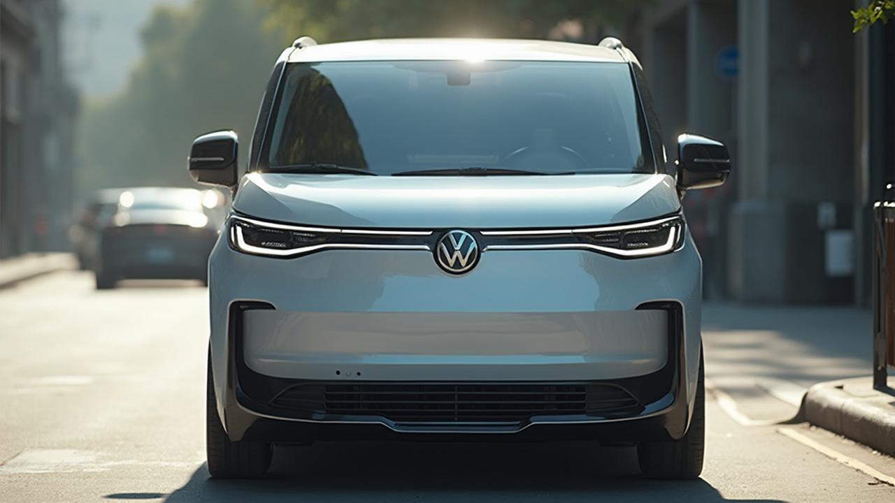 Frontalansicht eines neuen, blauen Volkswagen-Transporters auf einer Straße