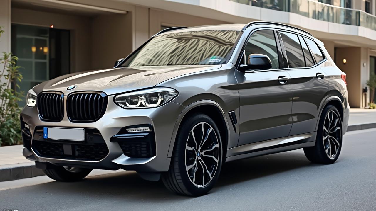 Luxuriöses grau lackiertes BMW X5 Fahrzeug in Stadtumgebung