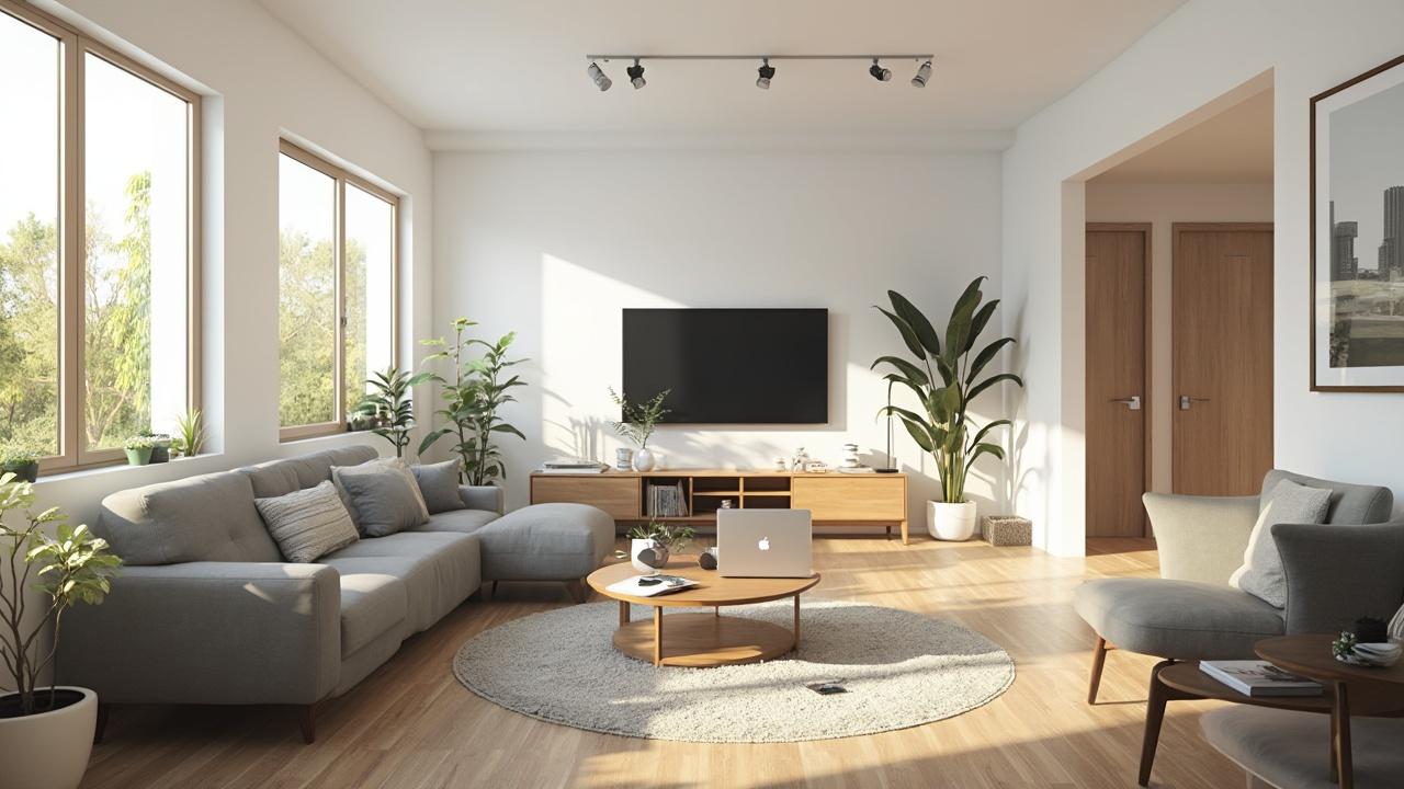 Helles, geräumiges Wohnzimmer mit grauem Sofa und Holzmöbeln