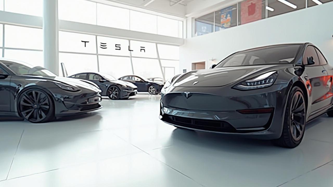 Ausstellungsraum mit verschiedenen Tesla-Modellen in verschiedenen Farben.