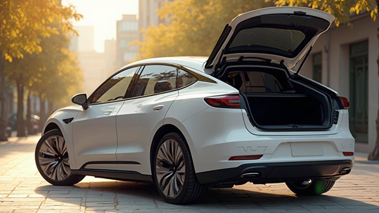 Elektrisches Fahrzeug mit offenem Kofferraum in sonniger Straßenumgebung