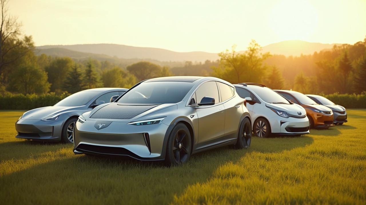 Verschiedene Elektrofahrzeuge in einer idyllischen Berglandschaft